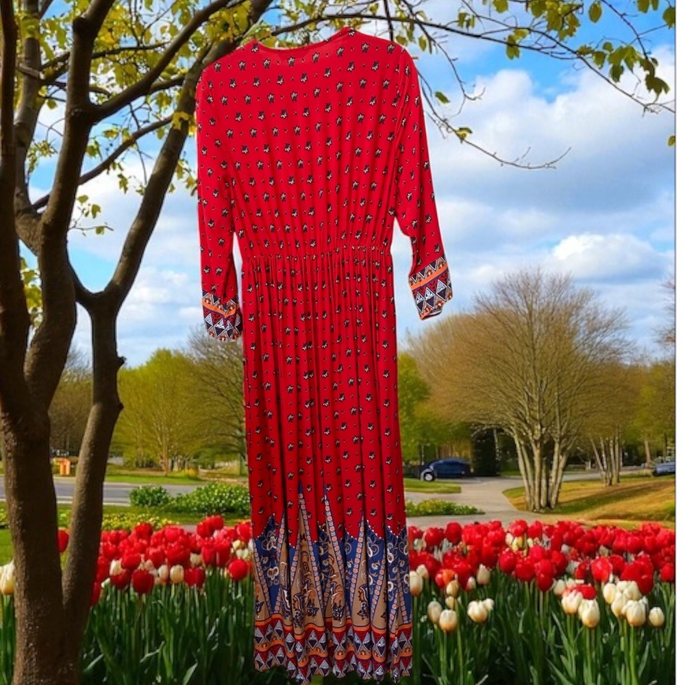 NWOT Vibrant Red and Blue Cotton Blend Maxi Dress size Small - Picture 6 of 16